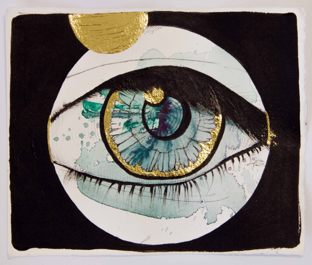 2024 aus der Serie Gerechtigkeit 30 x 40 cm Aquarell, Acryl, Fineliner und Goldfolie auf Büttenpapier Art Kunst Mensch Auge Wir Gesellschaft
